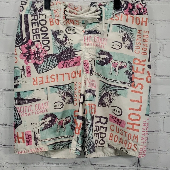 Hollister Board Shorts Hawaiian Tropical Blue Pink Surf Swim Trunk Mens Size M - Picture 1 of 14